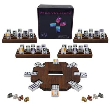 Imagem de Wahartoly Mexican Train Dominoes Set with Wooden Hub, Racks & Metal Markers; 91 Colorful Tiles for 2-4 Players;Classic Board Game for Adults and Family