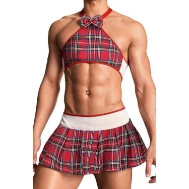 Imagem de Conjunto de roupa íntima masculina de Papai Noel, conjunto de roupa íntima sexy, top cropped sem mangas, saia de cintura baixa, chapéu de Natal, 3 peças, vermelho, G