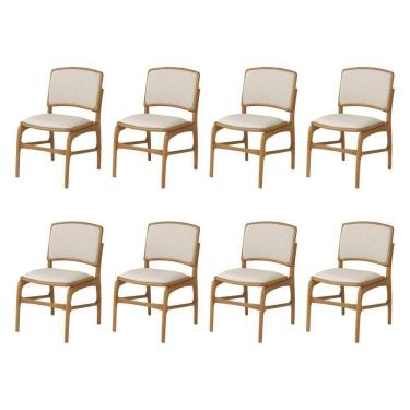 Imagem de Jogo 8 Cadeiras De Jantar Florença Em Madeira Jequitibá Natural Encosto Em Tecido Premium Linho Bege