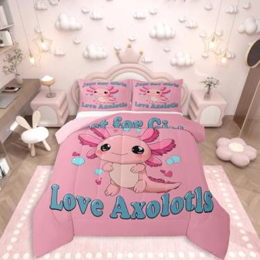 Imagem de Erosebridal Jogo de cama Axolotl rosa para meninas, conjunto de edredom com desenho animado Axolotl completo para crianças, meninos e mulheres, edredom de salamandra kawaii, animal marinho, coração, 3