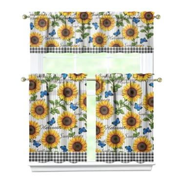 Imagem de aiwkjdns Conjunto de 3 peças de cortinas de cozinha e sanefas de girassol para janelas de cozinha, decoração de casa de fazenda, decoração sobre pia 69,8 x 91,4 cm
