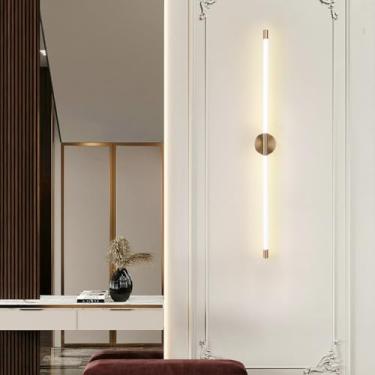 Imagem de GZZBMY LED Lâmpadas de parede internas longa linear ouro metal lâmpada de parede moderna decorativa corredor iluminação de parede para sala de estar quarto escada cabeceira sala de jantar (luz branca