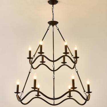 Imagem de Azkabu Lustre de roda de vagão 2 níveis 12 luz 96,5 cm, lustre preto grande para casa de fazenda, lustres rústicos redondos para sala de jantar, teto alto, escada, entrada