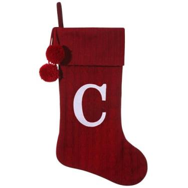 Imagem de Pxniy Meia de Natal personalizada de 48 cm - tricô bordô com monograma bordado e pompons, cabide de lareira familiar para decoração de férias, letra C bordô