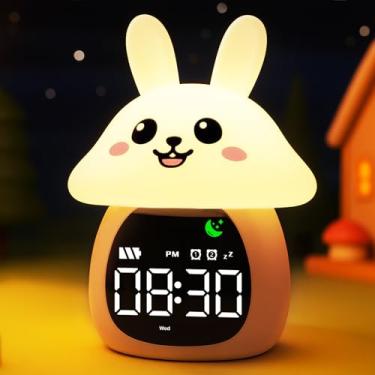 Imagem de MASHI Despertador de cogumelo, relógio de treinamento de sono infantil com sol e lua, máquina de som de sono, luzes noturnas, despertador para crianças, ideias de presentes para crianças (coelho)