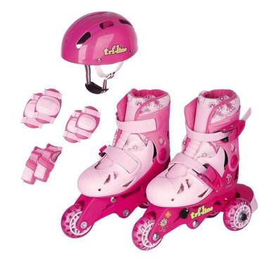 Imagem de Patins Tri-Line/ In line com acessórios - Tam 26 a 29 - Rosa - Fenix