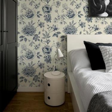 Imagem de ESSMOKO Papel de parede estilo esboço planta flores azul e branco PVC autoadesivo papel de parede loja quarto casa fundo decoração adesivos retrô azul e branco 45 * 600 cm