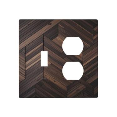 Imagem de WUYOCHA Capas decorativas para tomada moderna marrom espinha de peixe geométrico madeira placa de parede 2 gangues interruptor de luz dupla interruptor capa placa frontal para decoração de quarto