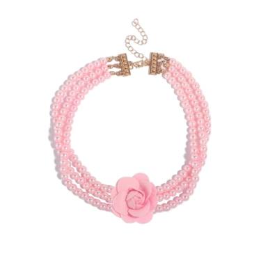 Imagem de Colar gargantilha feminina com contas de pérola de flor rosa - veludo camélia floral imitação de pérolas em camadas ajustáveis colar de corrente moda moda casamento baile festa jóias Natal, Adjustable