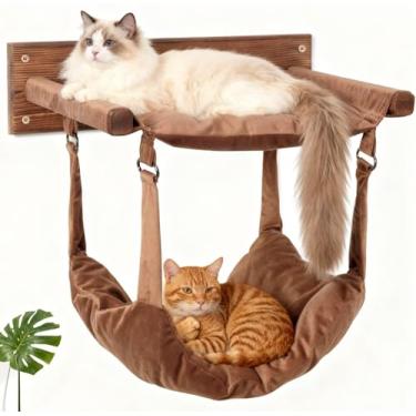 Imagem de JSPYFITS Móveis de madeira para gatos montados na parede, rede de camada dupla, tamanho grande 45 cm, cama multifuncional removível para gatos para dormir/brincar/escalar, poleiro de janela de gatinho