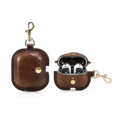 Imagem de CONTACTS Capa Case Estojo de couro legítimo para Samsung Galaxy Buds 3 com botão de pressão de latão e mosquetão, abertura para porta de carregamento, bordas oleadas requintadas- Luxo(Marrom)