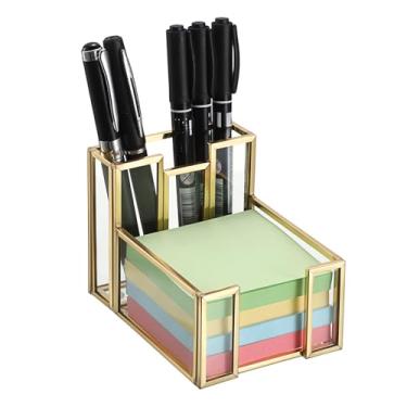 Imagem de BTSKY Porta-notas adesivas de vidro dourado de 7,5 x 7,6 cm com compartimento para caneta, elegante dispensador de notas com blocos antiderrapantes para organização de mesa, decoração de escritório em