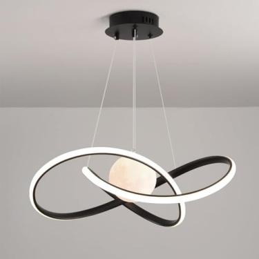 Imagem de Lustre Redondo Anel Lustre Moderno LED Pendente Luzes Com 3D Lua Planeta Grande Luz Leite Branco Teto Pendurado Lâmpada Para Sala de Estar Quarto Sala de Jantar Cozinha Ilha, Preto 60cm