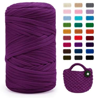 Imagem de JeogYong Fio de camiseta, 400 g/130 metros de tecido elástico para crochê, fita grossa de tecido de poliéster para sacos de crochê/cestas/tapetes, decoração de casa, artesanato DIY (Fúcsia clara)