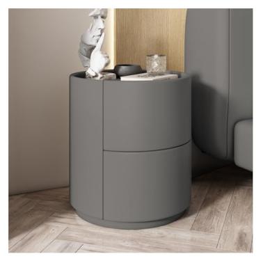 Imagem de Mesa de cabeceira redonda com envoltório de couro de microfibra, mesa de cabeceira luxuosa com 2 gavetas de madeira maciça, mesa lateral moderna móveis de cabeceira (cor: cinza claro) (cinza escuro)