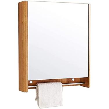 Imagem de Armário de remédios para banheiro armário de parede 59,9 cm x 27,8 cm x 5,1 moderno minimalista de aço inoxidável espelho de banheiro - imitação de grão de madeira - espelho de parede montado na