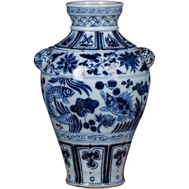 Imagem de AKALNNB Vasos para centros de mesa vaso de cerâmica 33,5 cm grande azul e branco vaso de flor de porcelana chinês retrô pintado à mão vasos para decoração de quarto sala de estar
