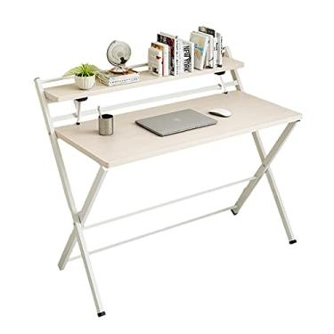 Imagem de Mesa dobrável para computador com prateleira, mesa de escritório em casa, mesa para pequenos espaços, mesa dobrável, estação de trabalho, escritório, escrivaninha, mesa de computador (cor: bege) (bege