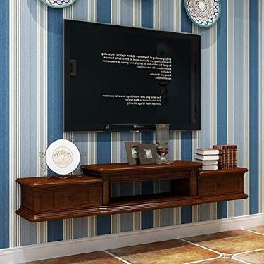 Imagem de Prateleira de TV montada na parede, console de TV flutuante de madeira, decoração moderna para casa, console de mídia para pendurar na parede, prateleira de armazenamento de entretenimento, decorações