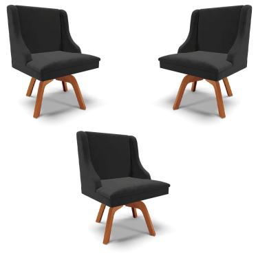 Imagem de Kit 3 Cadeiras Decorativas Sala de Jantar Base Giratória de Madeira Firenze Veludo Preto/Natural G19 - Gran Belo