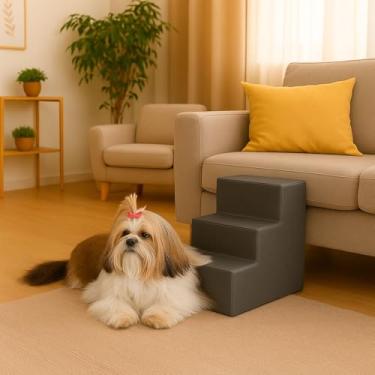 Imagem de Escada Pet Com 3 Degraus Seguro Para Animais Idosos Cinza