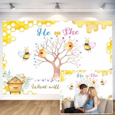 Imagem de Pano de fundo revelador de gênero, decoração de festa de chá de bebê com tema de abelha de mel, faixa de mesa de bolo neutra rosa/azul, adereços de estúdio de fotografia em aquarela para ele ou ela
