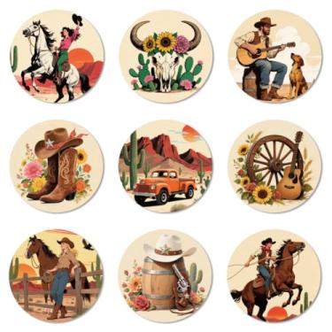 Imagem de ANATTASOUL Conjunto de 9 porta-copos de madeira coloridos com padrão de caubói presente de inauguração de casa redonda para casa nova, proteção de mesa de centro decorativa de 9,9 cm para decoração de