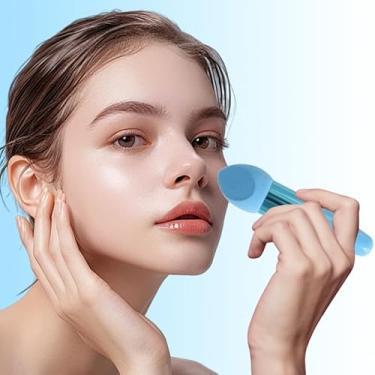 Imagem de 1 pincel de maquiagem de cabeça de cogumelo feminino maquiagem beleza base esponja pó puff com alça ferramenta cosmética de forma suave, azul