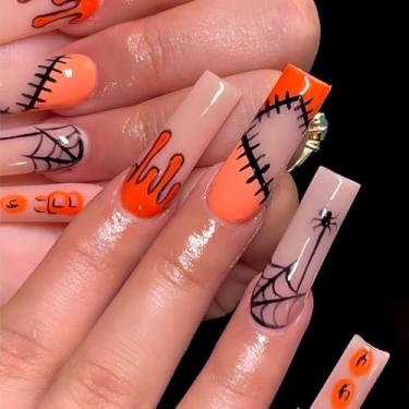 Imagem de Kit de unhas de pressão médio longo caixão Halloween laranja cola falsa conjunto de unhas com teia de aranha design cobertura completa bastão falso artificial em unha de acrílico para mulheres 24