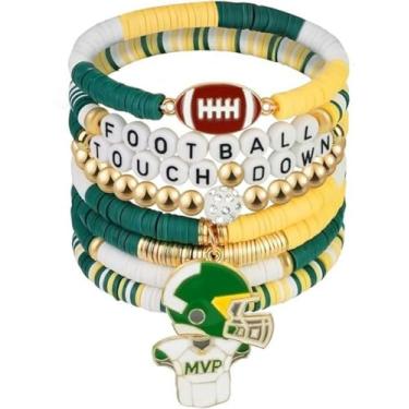 Imagem de KLSKLYL 【Conjunto de 8 peças de pulseiras Super Bowl】 Pulseiras com tema esportivo para dia de jogo – Conjunto de miçangas unissex de futebol, basquete, vôlei e beisebol, One Size, Argila de polímero