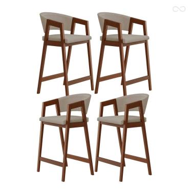 Imagem de Kit 4 Banquetas Alta para Ilha de Cozinha Ravena Madeira Maciça Pinhão Suede Bege CCS