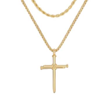 Imagem de Colar de cruz masculino banhado a ouro de aço inoxidável preto banhado a ouro para 40/45/50/55 cm, joias presentes para mulheres e homens amigos, 16" 18" 20" 22" 24", Aço inoxidável, Sem Pedra