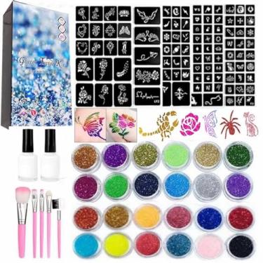 Imagem de Kit de tatuagens temporárias com glitter para crianças, 24 purpurinas corporais, 2 colas, 5 pincéis, 187 estênceis, kit de maquiagem de Halloween para crianças ou adultos, presente para meninas e