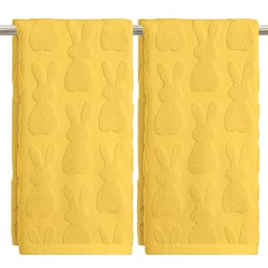 Imagem de Artoid Mode 2 peças de toalhas de mão amarelas 3D coelho jacquard Páscoa para banheiro, 100% algodão macio absorvente toalha de decoração de banheiro, 14,7 x 29,5 polegadas