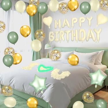 Imagem de Balões de feliz aniversário verde sálvia decorações bege verde balão letras banner com 4 peças balões estrela pétala de rosa artificial 24 velas de LED sem chama para quarto hotel festa decoração
