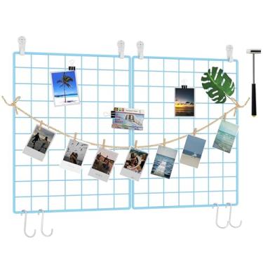 Imagem de C&AHOME Conjunto de 2 painéis de grade de parede para fotos, painéis decorativos para exibição, ganchos, clipes, cordão de cânhamo, martelo, 39,9 cm 30 cm, azul UWWGM3402L