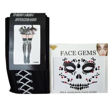Imagem de Meia 7/8 Halloween + Adesivo Facial Face Jewels Caveira: Kit Fantasia 