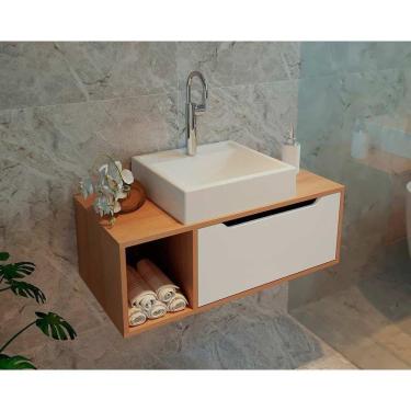 Imagem de Bancada De Banheiro Suspenso Bn3644 S- Cuba C- 1 Porta 80cm Amêndoa-branco - Tecno Mobili