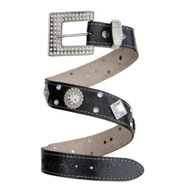 Imagem de Cinto Feminino Couro Fivela Quadrada Strass Brilho Trabalhada Com Pedraria Estilo Country