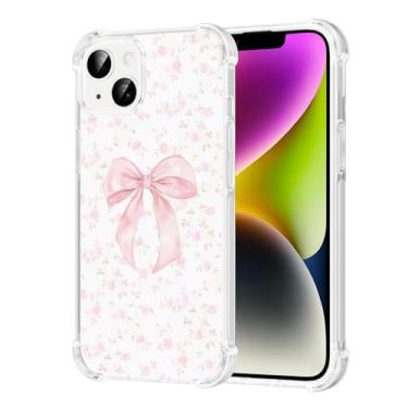 Imagem de Vulfwela Capa para iPhone 13/iPhone 14 de 6,1 polegadas com laço rosa, linda estética rosa flor transparente capa de telefone para mulheres e meninas, antiamarelamento, antiqueda, à prova de choque