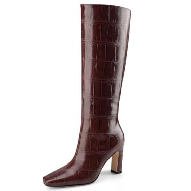 Imagem de Perisis Botas de cano alto femininas pretas longas botas altas de salto alto grosso bico quadrado padrão crocodilo botas de couro com zíper lateral para mulheres sexy, Vinho, 35