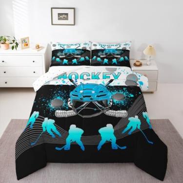 Imagem de Conjunto de edredom completo de hóquei no gelo, com capacete de hóquei, evento esportivo de inverno, jogador de hóquei, para crianças, meninas, meninos, jogos esportivos, hobby e atividades, decoração