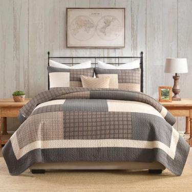 Imagem de DDUOXIN Conjunto de colcha queen xadrez Farmhouse - 100% algodão com 2 fronhas, colcha leve e fina para todas as estações, marrom/marrom escuro/bege/cinza, Queen (228 cm L x 248 cm C)