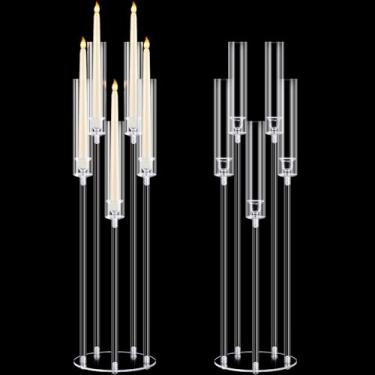 Imagem de Barydat 2 peças centrais de candelabro de acrílico transparente castiçal de cristal com 5 braços de suporte de castiçal com cúpula de acrílico para ajuste de vela de LED de 2,24 cm para jantar de