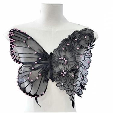 Imagem de Apliques de bordado de borboleta grande da moda para roupas, remendos de renda, gola de malha, acessórios de tecido para vestido de casamento, dama de honra, decoração DIY (preto)