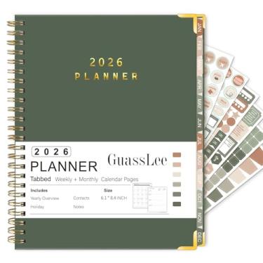 Imagem de GuassLee Agenda 2026 – Agenda Agenda de capa dura de janeiro de 2026 a dezembro de 2026 – Agenda A5 semanal e mensal com adesivos, bolso traseiro, abas revestidas – 15,5 cm x 21,3 cm, verde escuro