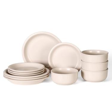 Imagem de GZG Série Vintage – Conjunto de louça de cerâmica para 4, 12 peças, conjunto de pratos e tigelas de grés, sem chumbo, conjunto de pratos feitos à mão, pode ir ao micro-ondas e à lava-louças - branco