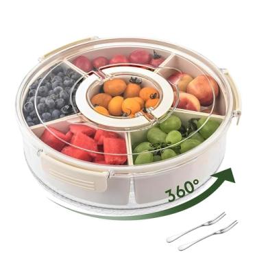 Imagem de UNIQUEPLUS Recipiente giratório para crianças, bandeja de servir giratória dividida com tampa e alça, bandeja de vegetais com tampa para geladeira, bandeja rotativa de alimentos e frutas (grande 30 cm