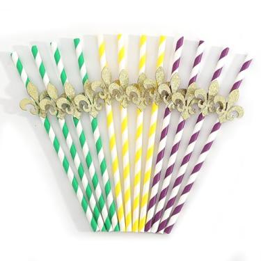 Imagem de 12 canudos listrados Fleur de Lis - decorações de festa de carnaval, canudos de papel para beber flor dourada de lis, decorações de festa de casamento de Nova Orleans, centro de mesa de aniversário de