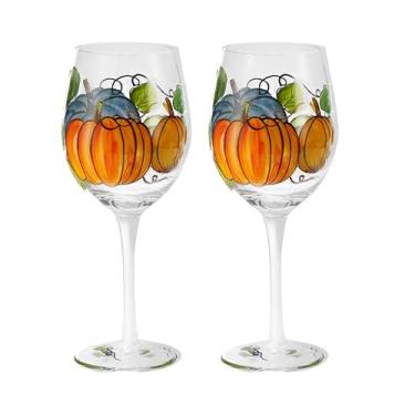 Imagem de NIRA.Z Taças de vinho pintadas à mão 479 g Conjunto de 2 taças de vinho artesanais de haste longa sopradas à mão para aromas aprimorados, elegante, exclusivo, ideal para Ação de Graças, presente, dias